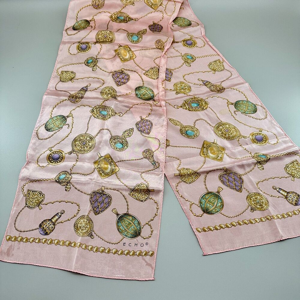 Vintage Echo Silk Scarf Pastel Pink Multicolor Medallions Rectangle 52" X 11.5"